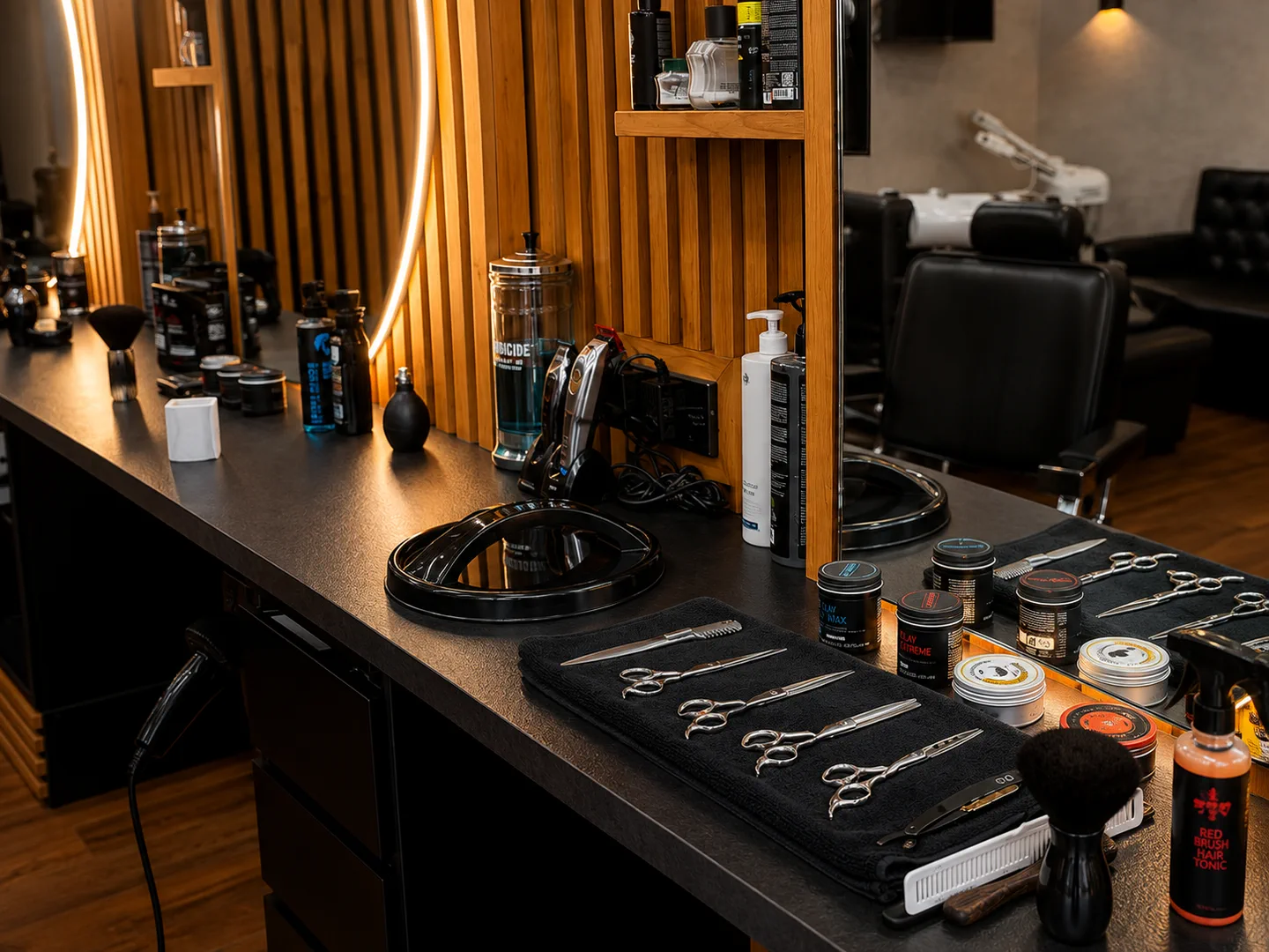 Barber station at Hadi's Barbers