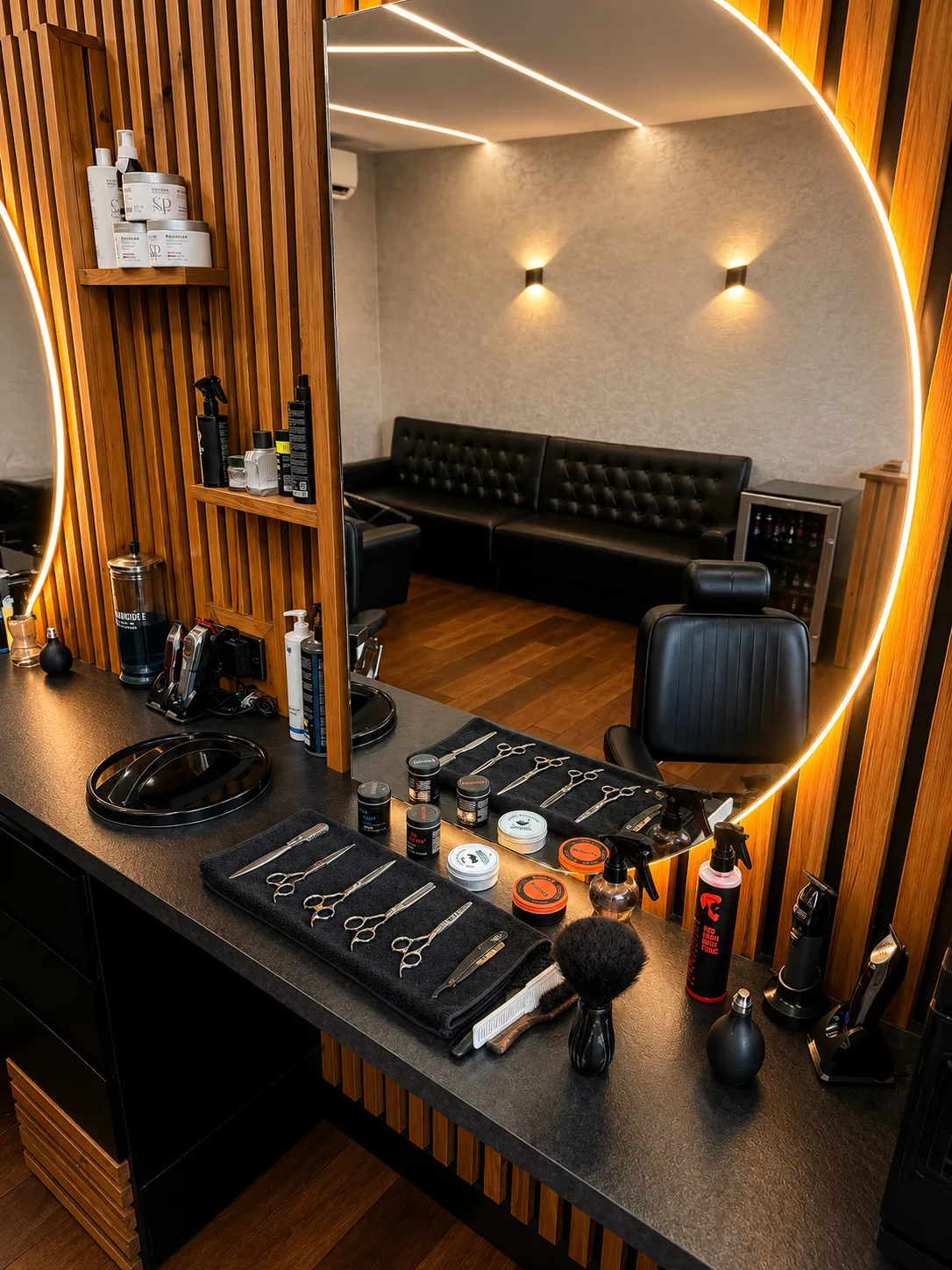 Barber station reflected in an illuminated mirror